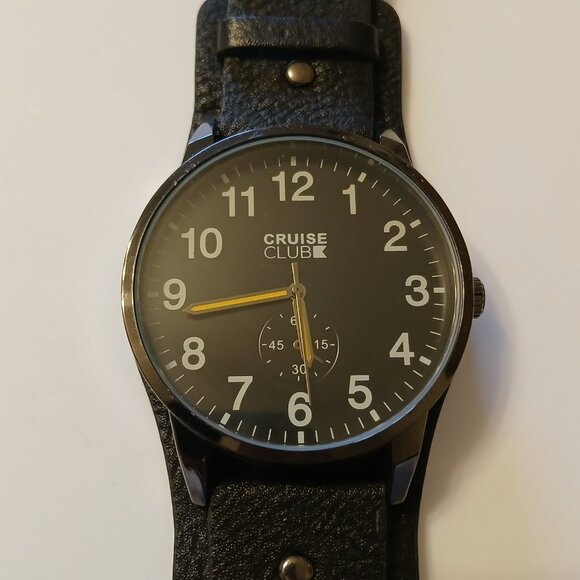 Cruise Club Men's Black Round Dial Wide Strap Faux Leather Band Watch - Picture 2 of 14